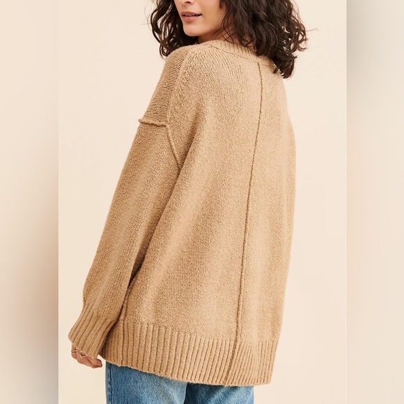 Free People Brookside Oversized Deep V-Neck Camel Knit Slouchy Tunic Sweater - Picture 4 of 8